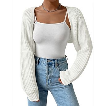 Women's Open Front Knit Crop Long Sleeve Cardigan Shrug Sweater Cover-Up