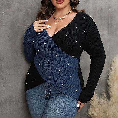 Women's Plus Size Pearl Embellished Color Block Deep V Cross Sweater