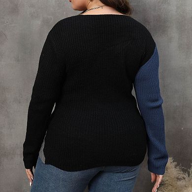 Women's Plus Size Pearl Embellished Color Block Deep V Cross Sweater