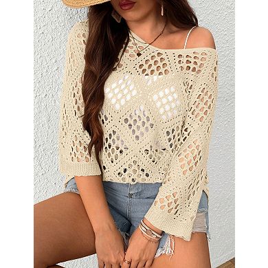Women's Plus Size Crochet Top Hollow Out Sweater V-Neck Pullover Summer Beach Cover Up