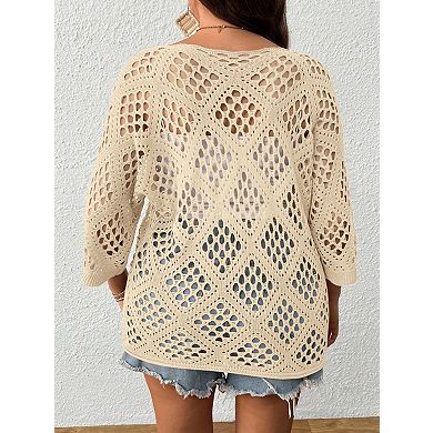 Women's Plus Size Crochet Top Hollow Out Sweater V-Neck Pullover Summer Beach Cover Up