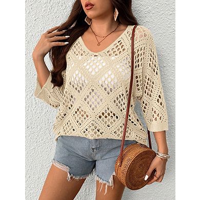 Women's Plus Size Crochet Top Hollow Out Sweater V-Neck Pullover Summer Beach Cover Up