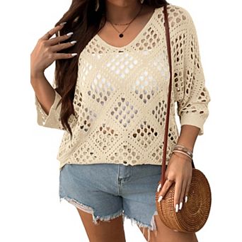 Women's Plus Size Crochet Top Hollow Out Sweater V-Neck Pullover Summer Beach Cover Up