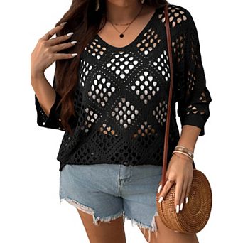 Women's Plus Size Crochet Top Hollow Out Sweater V-Neck Pullover Summer Beach Cover Up