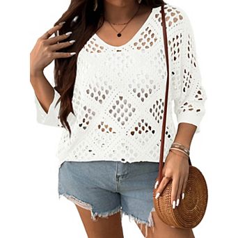 Women's Plus Size Crochet Top Hollow Out Sweater V-Neck Pullover Summer Beach Cover Up