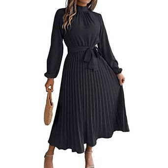 Women's Mock Neck Long Sleeve Tie Waist Pleated Formal Cocktail Party Dress
