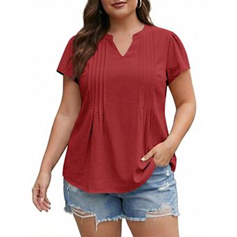 Plus Size Notch V-Neck Pleated Blouse Short Sleeve Shirts Casual Office Wear Very Little Stretch