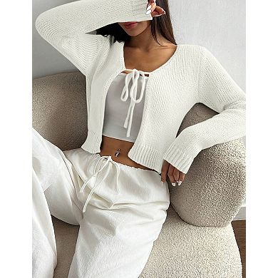 Women's Long Sleeve V-Neck Tie-Front Cardigan Shrug Sweater Lightweight Knit Tops