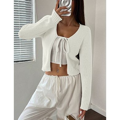 Women's Long Sleeve V-Neck Tie-Front Cardigan Shrug Sweater Lightweight Knit Tops