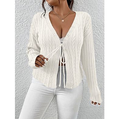 Women's Plus Size Tie Front Cardigan V Neck Knit Sweater Cotton Open Front Top