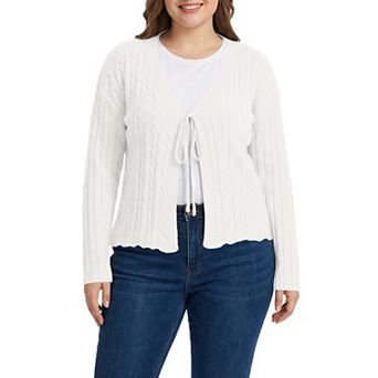 Women's Plus Size Tie Front Cardigan V Neck Knit Sweater Cotton Open Front Top