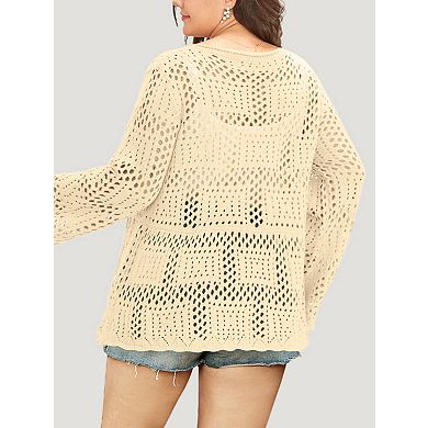 Women's Plus Size Open Work Crochet Cardigan Bell Sleeve Button Down Sweater Peplum Cover Up