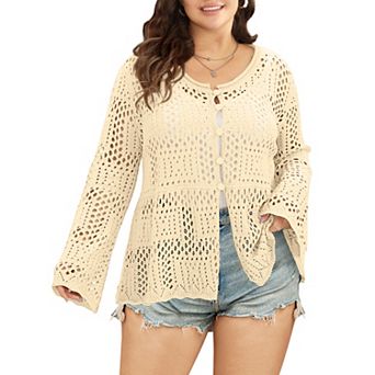 Women's Plus Size Open Work Crochet Cardigan Bell Sleeve Button Down Sweater Peplum Cover Up