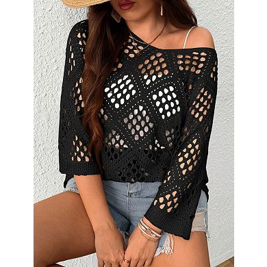Women's Plus Size Open Work Crochet Sweater 3/4 Sleeve V Neck Loose Fit Pullover Cover Up