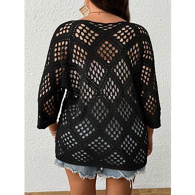 Women's Plus Size Open Work Crochet Sweater 3/4 Sleeve V Neck Loose Fit Pullover Cover Up
