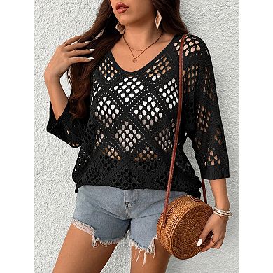 Women's Plus Size Open Work Crochet Sweater 3/4 Sleeve V Neck Loose Fit Pullover Cover Up