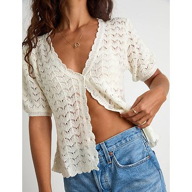 Women's V-Neck Lightweight Short Sleeve Cardigan Button-Up Sweater
