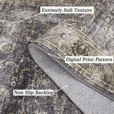 Distressed Area Rug Machine Washable Low Pile Pet Friendly Foldable Floor Cover for Living Room