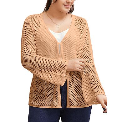 Women's Plus Size Tie Front Crochet Hollow Out Cardigan Long Sleeve Knit Sweater