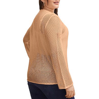 Women's Plus Size Tie Front Crochet Hollow Out Cardigan Long Sleeve Knit Sweater