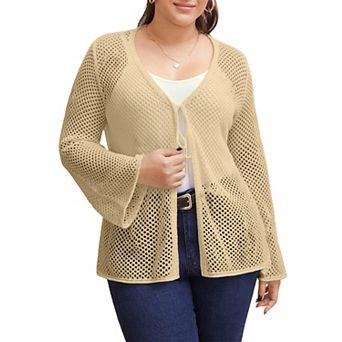 Women's Plus Size Tie Front Crochet Hollow Out Cardigan Long Sleeve Knit Sweater