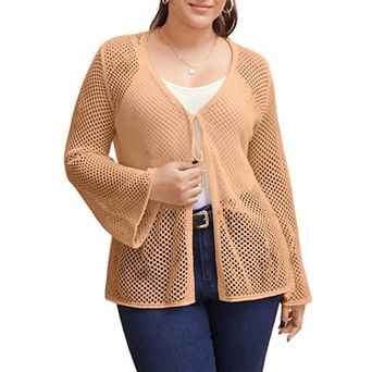 Women's Plus Size Tie Front Crochet Hollow Out Cardigan Long Sleeve Knit Sweater