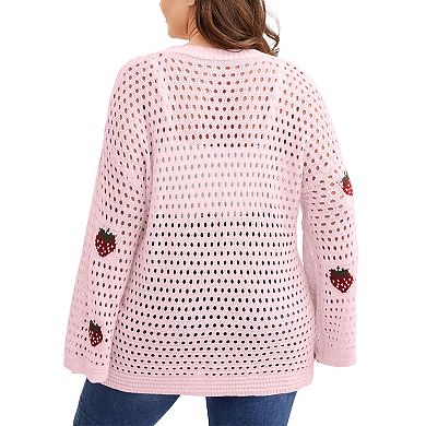 Women's Plus Size Strawberry Open Knit Cardigan Tie Front Sweater Spring Cover Up