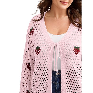 Women's Plus Size Strawberry Open Knit Cardigan Tie Front Sweater Spring Cover Up