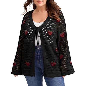 Women's Plus Size Strawberry Open Knit Cardigan Tie Front Sweater Spring Cover Up