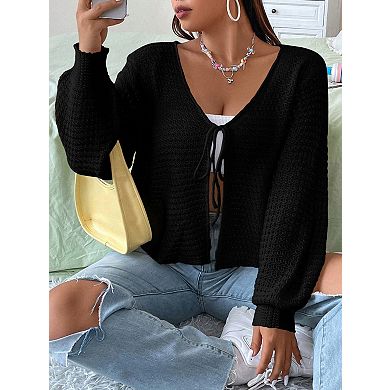 Women's Plus Size Cardigan Hollow Out Open Knit Sweater Spring Front Tie Shrug