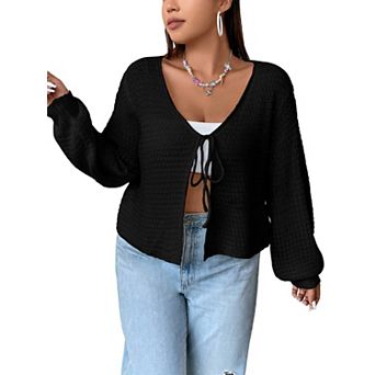 Women's Plus Size Cardigan Hollow Out Open Knit Sweater Spring Front Tie Shrug