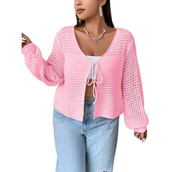 Women's Plus Size Cardigan Hollow Out Open Knit Sweater Spring Front Tie Shrug