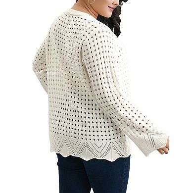 Women's Plus Size Tie Front Crochet Hollow Out Cardigan Knit Sweater