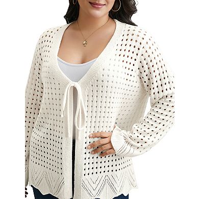 Women's Plus Size Tie Front Crochet Hollow Out Cardigan Knit Sweater