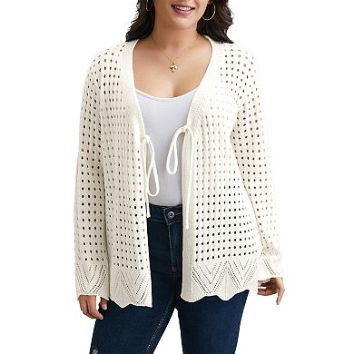 Women's Plus Size Tie Front Crochet Hollow Out Cardigan Knit Sweater