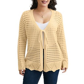 Women's Plus Size Tie Front Crochet Hollow Out Cardigan Knit Sweater