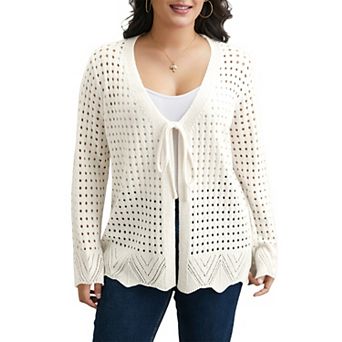 Women's Plus Size Tie Front Crochet Hollow Out Cardigan Knit Sweater