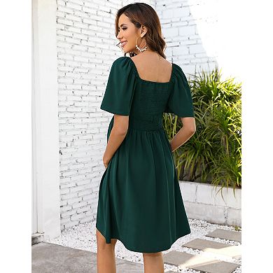 Women V-Neck Chest Tie Lotus Leaf Sleeve Maternity Dress