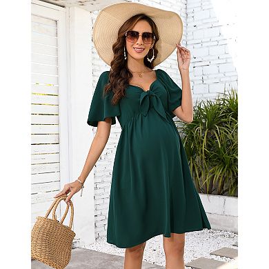 Women V-Neck Chest Tie Lotus Leaf Sleeve Maternity Dress