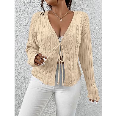 Women's Plus Size Knit Cardigan V Neck Tie Front Sweater Long Sleeve Cotton Sweater