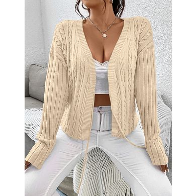 Women's Plus Size Knit Cardigan V Neck Tie Front Sweater Long Sleeve Cotton Sweater