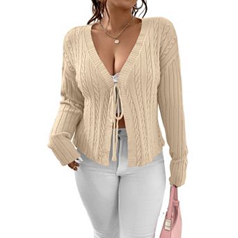 Women's Plus Size Knit Cardigan V Neck Tie Front Sweater Long Sleeve Cotton Sweater