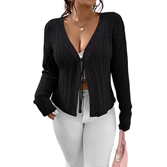 Women's Plus Size Knit Cardigan V Neck Tie Front Sweater Long Sleeve Cotton Sweater