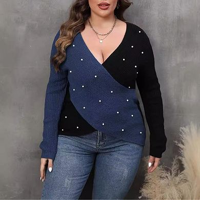 Women's Pearl Plus Size Embellished Deep V Cross Sweater