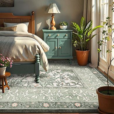 Vintage Area Rug Machine Washable Low Pile Pet Friendly Foldable Floor Cover for Living Room