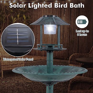 Costway 3-In-1 Pedestal Bird Bath with Solar Light with Bird Feeder & Flower Planter Bronze