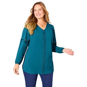 Catherines Women's Plus Size Lattice Trim Peasant Blouse