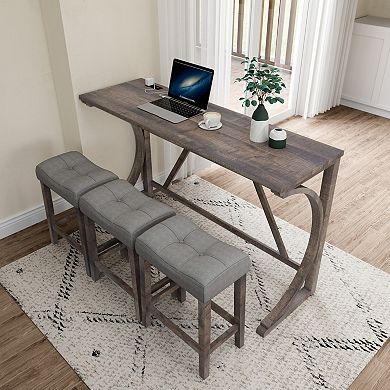 Industrial 59" Bar Table & 3Stool Set Imitation Wood Grain Space Saving Pub Set with Linen Upholster
