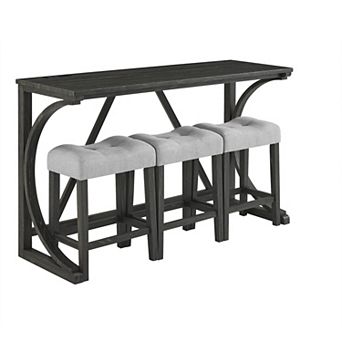 Industrial 59" Bar Table & 3Stool Set Imitation Wood Grain Space Saving Pub Set with Linen Upholster