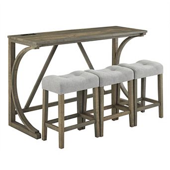 Industrial 59" Bar Table & 3Stool Set Imitation Wood Grain Space Saving Pub Set with Linen Upholster